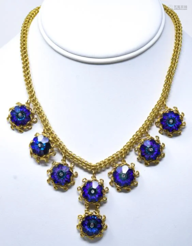 C 1960 Gilt Mesh & Blue Margarita Stone Necklace