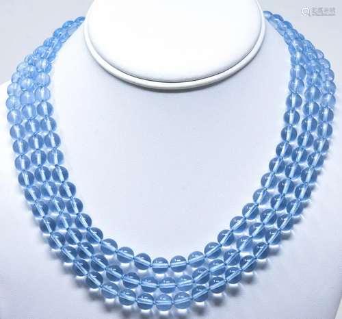 3 Strand Translucent Blue Glass Bead Necklace