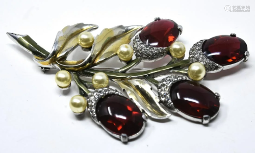 Vintage C 1940s Dujay Ruby Paste Floral Brooch Pin