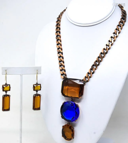 YSL Copper & Crystal Necklace & Pair Earrings