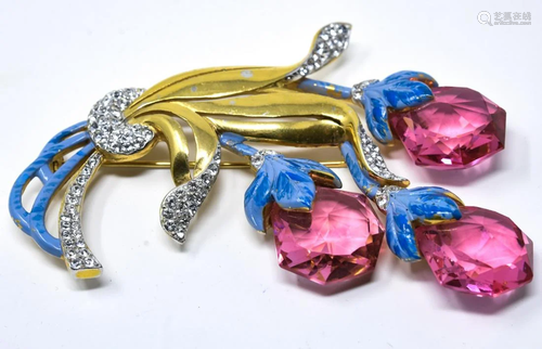 C 1940 Victor Silson Large Enamel Floral Brooch