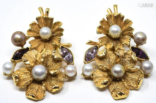 Pair Coro C 1950 Gilt Flower Clip Earrings