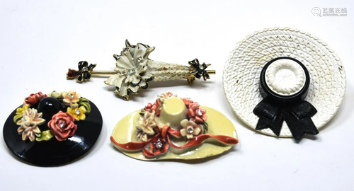 3 Vintage Sunhat Motif & 1 Vintage Umbrella Brooch