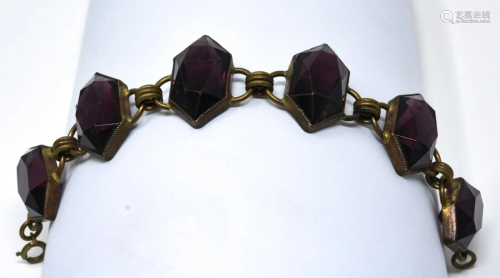 Vintage Gilt Metal & Amethyst Glass Panel Bracelet