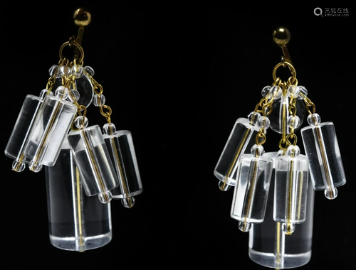 C 1970s Lucite Tube Drop Clip Ear Pendants