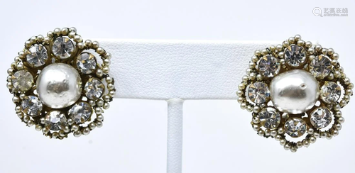 Pair 1950s Miriam Haskell Pearl Bead Clip Earrings