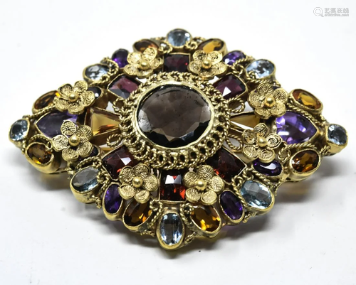 Antique Unsigned Hobe Sterling & Gemstone Brooch