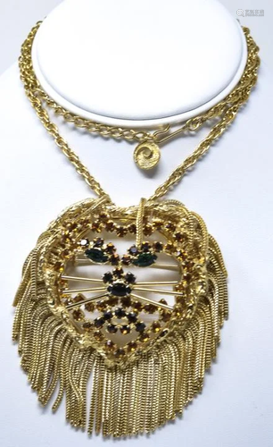 Large Vintage Gilt Metal Rhinestone Lion Necklace