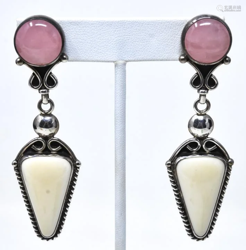 Pair Signed Sterling Rose Quartz Resin Earrings