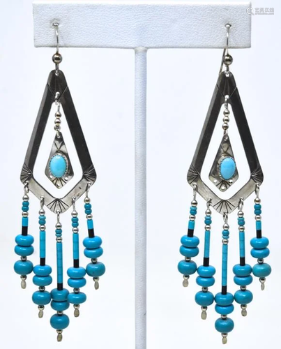 Pair Native American Sterling Turquoise Earrings