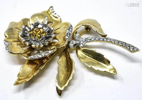 Vintage Mazer Sterling & Rhinestone Floral Brooch