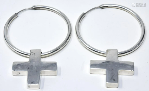 Pair Sterling Large Hoop Earrings W Cross Pendants