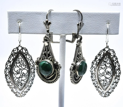 2 Pairs Sterling Silver & Malachite Drop Earrings