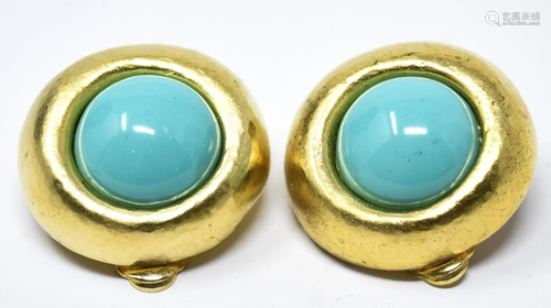 C 1995 Pair Turquoise Cabochon Clip Earrings