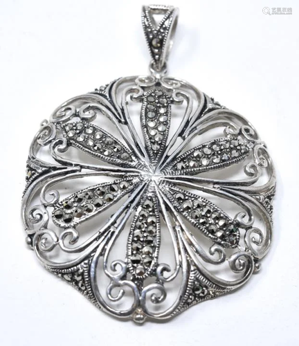 Sterling Marcasite Floral Swirl Necklace Pendant