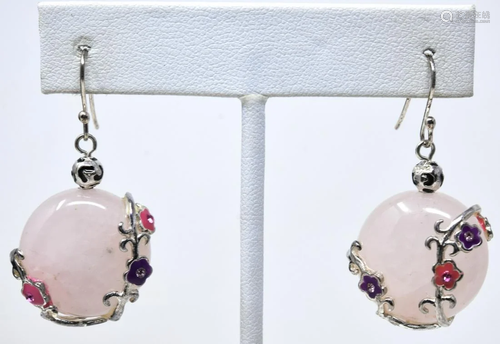 Pair Sterling Rose Quartz Enamel Paste Earrings