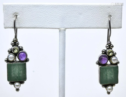 Pair Sterling Silver & Multi Gem Earrings