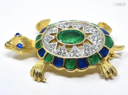 1970s Polcini Enamel Gilt Rhinestone Turtle Brooch