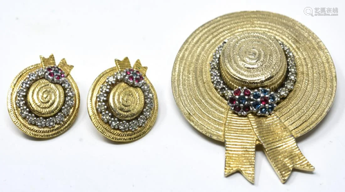 Vintage Ciner Sun Bonnet Hat Brooch & Earring Set