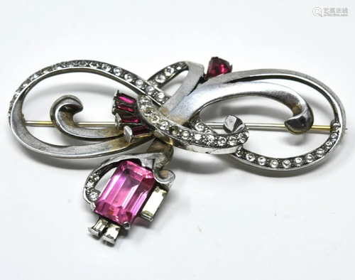 C 1945 Mazer Sterling & Ruby Paste Ribbon Brooch