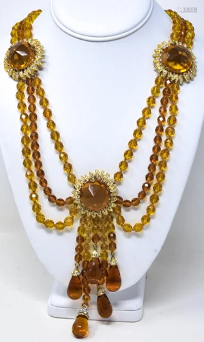 Vintage Costume Jewelry Citrine Glass Necklace