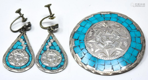 Mexican Sundial Sterling Turquoise Brooch Earrings