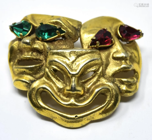 C 1960s French Gilt Bronze Theater Mask Brooch