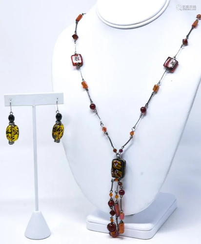 Artisan Glass Bead & Wirework Necklace & Earrings