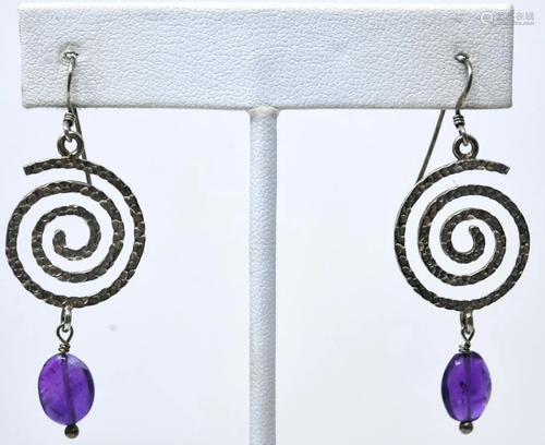 Pair Sterling & Natural Amethyst Drop Earrings