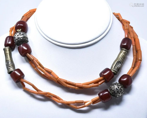 Coral Red Amber & Silver Filigree Bead Necklace