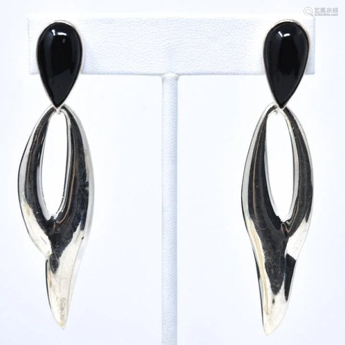 Pair Sterling Silver & Onyx Taxco Mexico Earrings