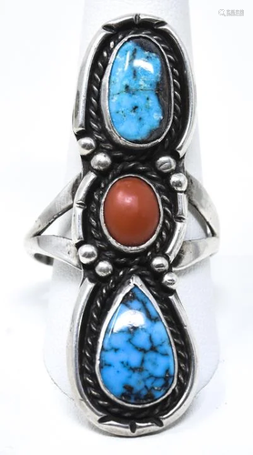 Sterling Silver Turquoise & Coral Ring