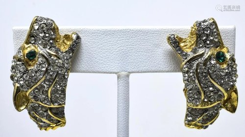 Pair C 1980s Gilt Pave Wild Cat Clip Earrings