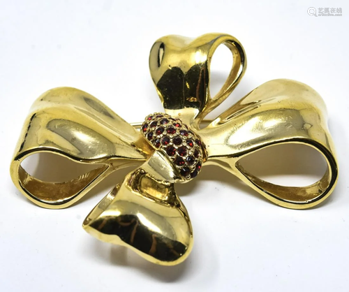 Vintage Ciner Gilt & Ruby Paste Bow Brooch Pin