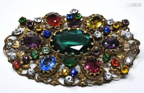 C 1930 Czech Multicolor Crystal Brooch / Pin