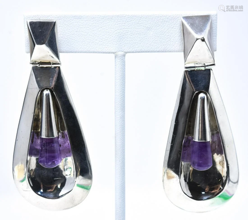 Vintage Pair C 1960s Sterling & Amethyst Earrings