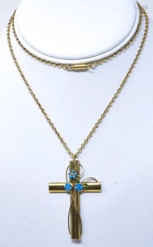 Antique C 1880 Gold Filled Cross Pendant Necklace