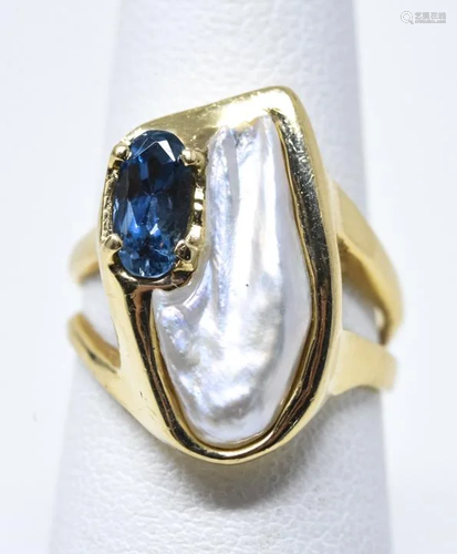 14K Gold Blue Topaz Mississippi Pearl Ring