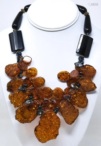 Onyx & Pressed Amber Slice Necklace