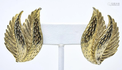 Pair C 1955 Schiaparelli Gilt Leaf Clip Earrings