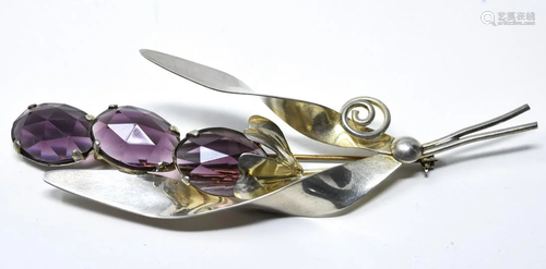 C 1950 Retro Sterling Floral Sprig W Leaf Brooch