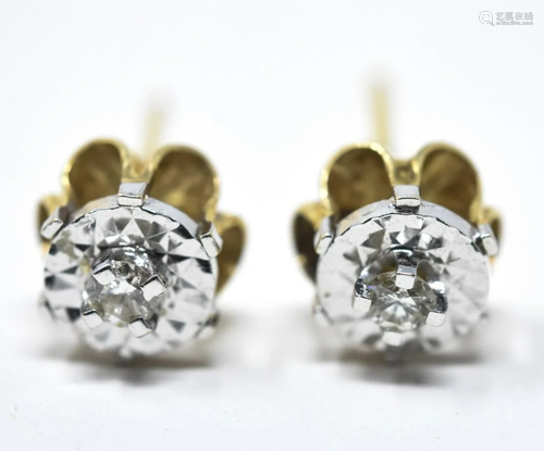 Pair 14k Yellow Gold & Diamond Stud Earrings