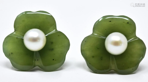 Pair 14k Yellow Gold Nephrite Jade Pearl Earrings