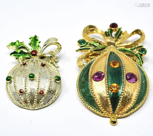 2 Vintage Christmas Ornament Motif Brooches / Pins