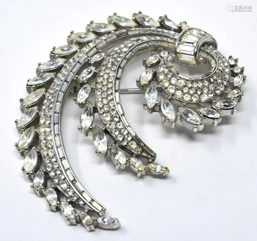 C 1970 Crown Trifari Rhodium Double Swirl Brooch