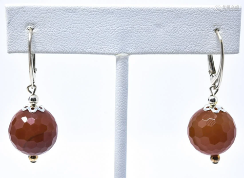 Pair Sterling Silver & Faceted Agate Ball Earrings