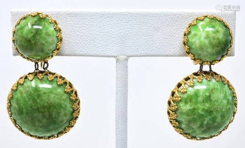 Pr Miriam Haskell C 1960 Green Glass Clip Earrings