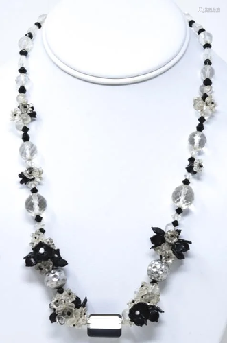 Hand Blown Black & Clear Glass Flower Necklace