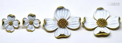 Crown Trifari C 1970 Gilt Enamel Brooch & Earrings