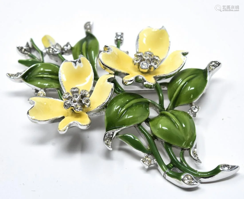 Crown Tifari Rhodium Yellow Enamel Floral Brooch